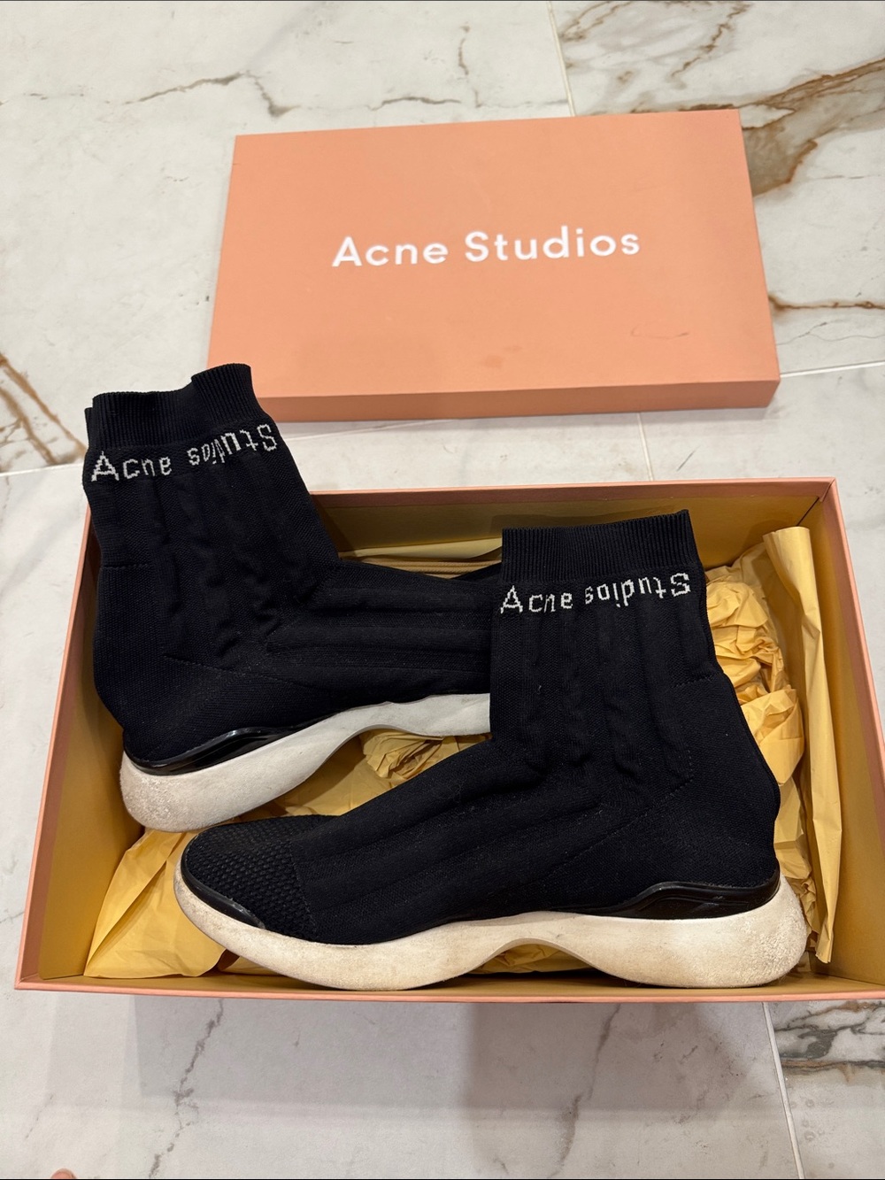Acne Black Knit Sock Sneakers with Ivory Soles